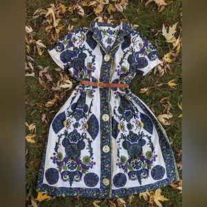 60s vintage purple and green fan print dress
